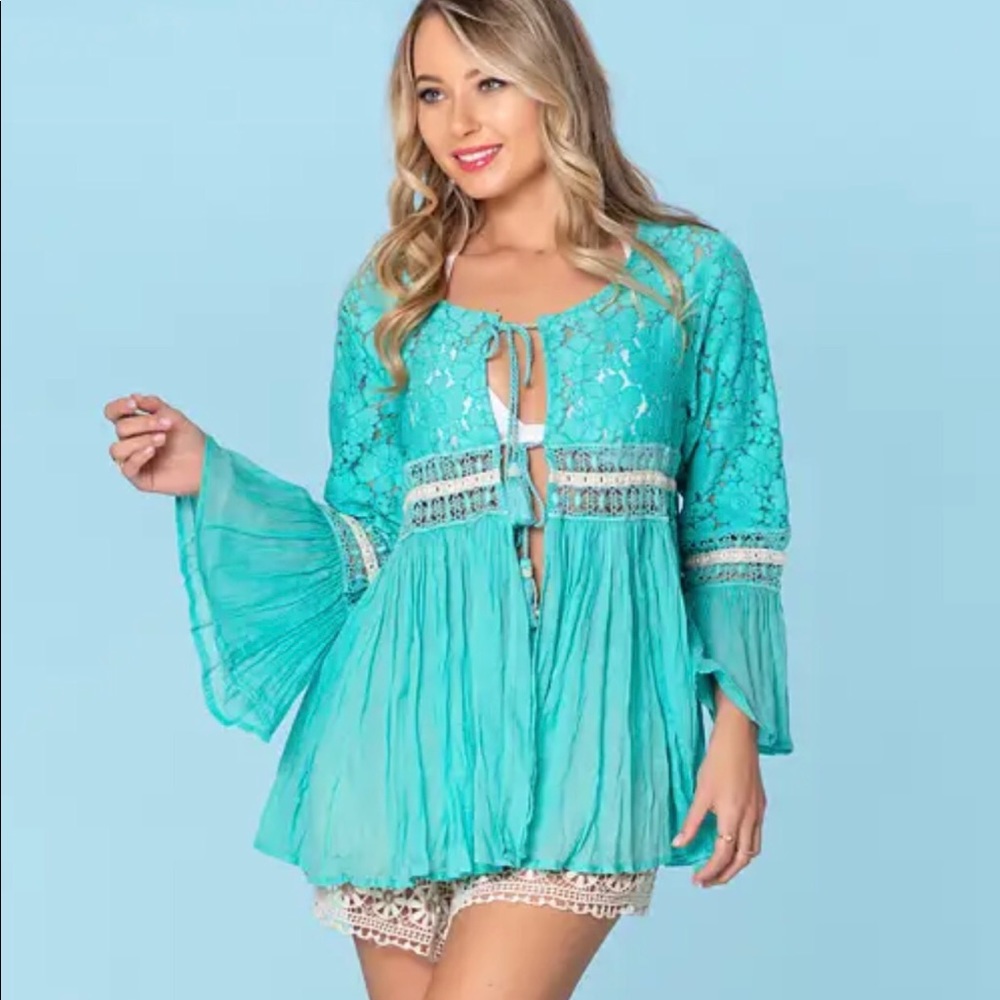 NWT Ranee’s Turquoise Lace Tie Front Cardigan S/M